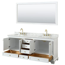 Load image into Gallery viewer, Wyndham Deborah 80 Inch Double Bathroom Vanity in White, White Carrara Marble Countertop, Undermount Square Sinks, Brushed Gold Trim, 70 Inch Mirror- Wyndham