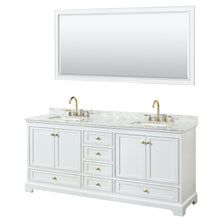Load image into Gallery viewer, Wyndham Deborah 80 Inch Double Bathroom Vanity in White, White Carrara Marble Countertop, Undermount Square Sinks, Brushed Gold Trim, 70 Inch Mirror- Wyndham