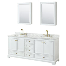 Load image into Gallery viewer, Wyndham Deborah 80 Inch Double Bathroom Vanity in White, White Carrara Marble Countertop, Undermount Square Sinks, Brushed Gold Trim, Medicine Cabinets- Wyndham