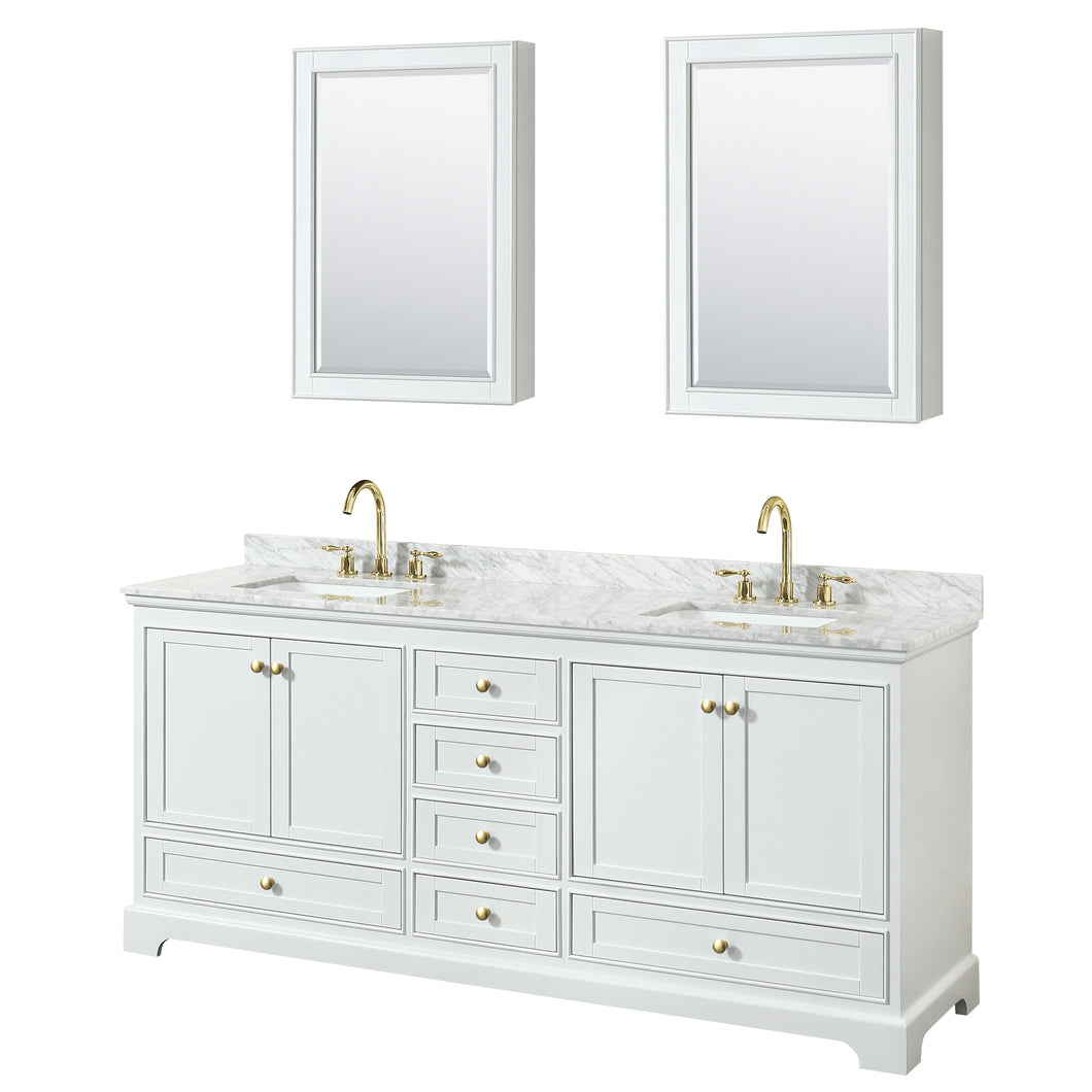 Wyndham Deborah 80 Inch Double Bathroom Vanity in White, White Carrara Marble Countertop, Undermount Square Sinks, Brushed Gold Trim, Medicine Cabinets- Wyndham