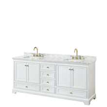 Load image into Gallery viewer, Wyndham Deborah 80 Inch Double Bathroom Vanity in White, White Carrara Marble Countertop, Undermount Square Sinks, Brushed Gold Trim, No Mirrors- Wyndham