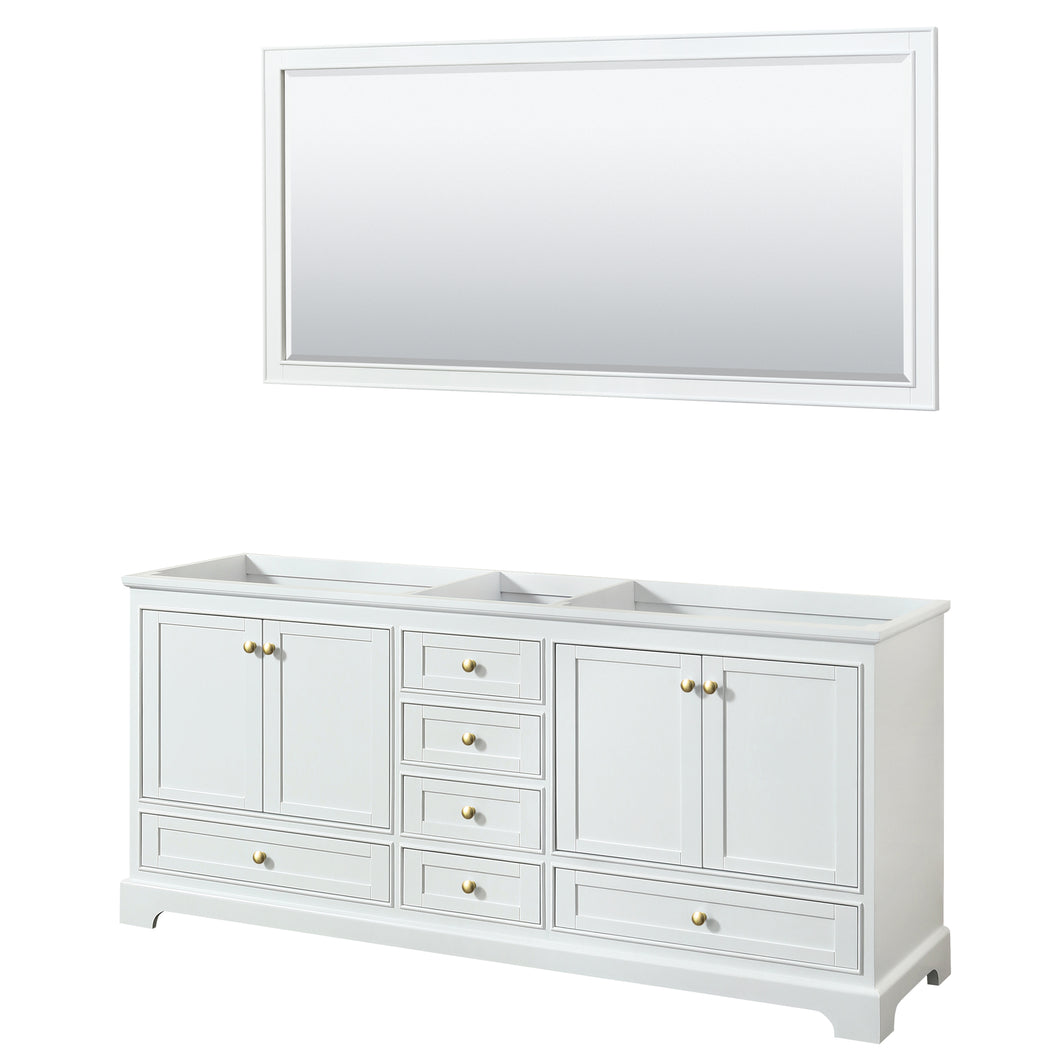 Wyndham Deborah 80 Inch Double Bathroom Vanity in White, No Countertop, No Sinks, Brushed Gold Trim, 70 Inch Mirror- Wyndham
