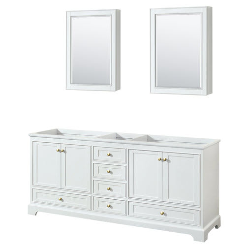 Wyndham Deborah 80 Inch Double Bathroom Vanity in White, No Countertop, No Sinks, Brushed Gold Trim, Medicine Cabinets- Wyndham