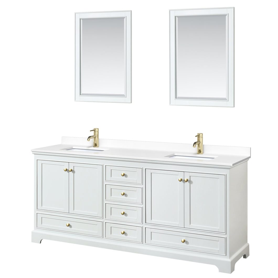 Wyndham Deborah 80 Inch Double Bathroom Vanity in White, White Cultured Marble Countertop, Undermount Square Sinks, Brushed Gold Trim, 24 Inch Mirrors- Wyndham