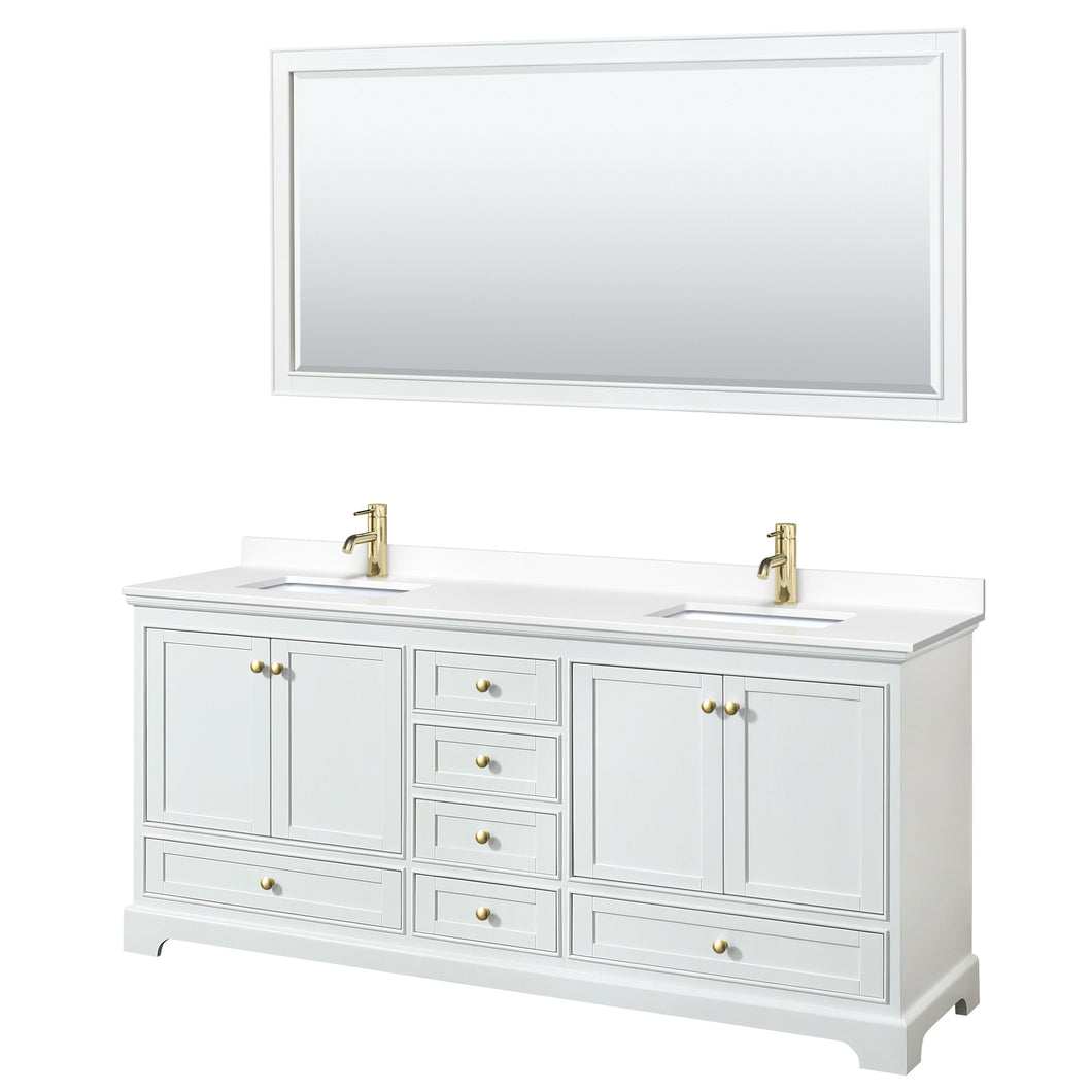 Wyndham Deborah 80 Inch Double Bathroom Vanity in White, White Cultured Marble Countertop, Undermount Square Sinks, Brushed Gold Trim, 70 Inch Mirror- Wyndham