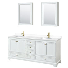Load image into Gallery viewer, Wyndham Deborah 80 Inch Double Bathroom Vanity in White, White Cultured Marble Countertop, Undermount Square Sinks, Brushed Gold Trim, Medicine Cabinets- Wyndham