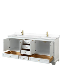Load image into Gallery viewer, Wyndham Deborah 80 Inch Double Bathroom Vanity in White, White Cultured Marble Countertop, Undermount Square Sinks, Brushed Gold Trim, No Mirrors- Wyndham