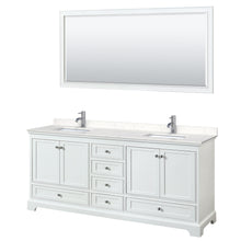 Load image into Gallery viewer, Wyndham Deborah 80 Inch Double Bathroom Vanity in White, Light-Vein Carrara Cultured Marble Countertop, Undermount Square Sinks, 70 Inch Mirror- Wyndham