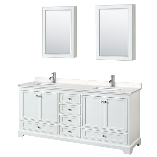 Wyndham Deborah 80 Inch Double Bathroom Vanity in White, Light-Vein Carrara Cultured Marble Countertop, Undermount Square Sinks, Medicine Cabinets- Wyndham