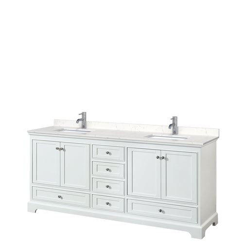 Wyndham Deborah 80 Inch Double Bathroom Vanity in White, Light-Vein Carrara Cultured Marble Countertop, Undermount Square Sinks, No Mirrors- Wyndham