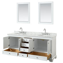 Load image into Gallery viewer, Wyndham Deborah 80 Inch Double Bathroom Vanity in White, White Carrara Marble Countertop, Undermount Oval Sinks, and 24 Inch Mirrors- Wyndham