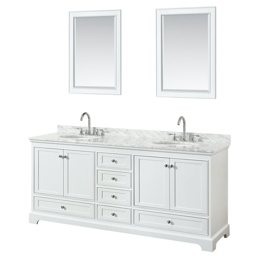 Wyndham Deborah 80 Inch Double Bathroom Vanity in White, White Carrara Marble Countertop, Undermount Oval Sinks, and 24 Inch Mirrors- Wyndham