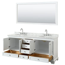 Load image into Gallery viewer, Wyndham Deborah 80 Inch Double Bathroom Vanity in White, White Carrara Marble Countertop, Undermount Oval Sinks, and 70 Inch Mirror- Wyndham