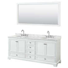 Load image into Gallery viewer, Wyndham Deborah 80 Inch Double Bathroom Vanity in White, White Carrara Marble Countertop, Undermount Oval Sinks, and 70 Inch Mirror- Wyndham