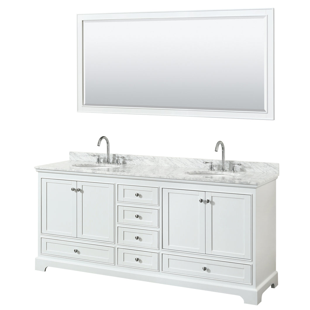 Wyndham Deborah 80 Inch Double Bathroom Vanity in White, White Carrara Marble Countertop, Undermount Oval Sinks, and 70 Inch Mirror- Wyndham