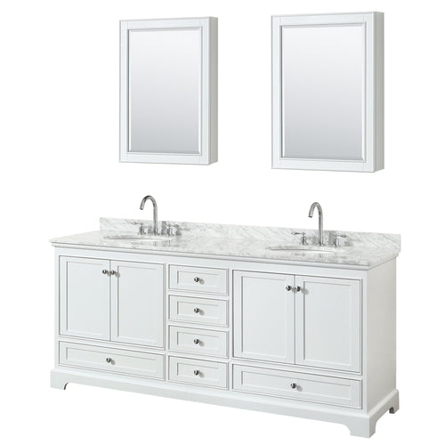 Wyndham Deborah 80 Inch Double Bathroom Vanity in White, White Carrara Marble Countertop, Undermount Oval Sinks, and Medicine Cabinets- Wyndham