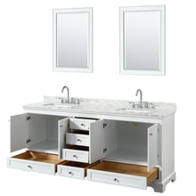 Load image into Gallery viewer, Wyndham Deborah 80 Inch Double Bathroom Vanity in White, White Carrara Marble Countertop, Undermount Square Sinks, and 24 Inch Mirrors- Wyndham