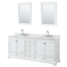 Load image into Gallery viewer, Wyndham Deborah 80 Inch Double Bathroom Vanity in White, White Carrara Marble Countertop, Undermount Square Sinks, and 24 Inch Mirrors- Wyndham