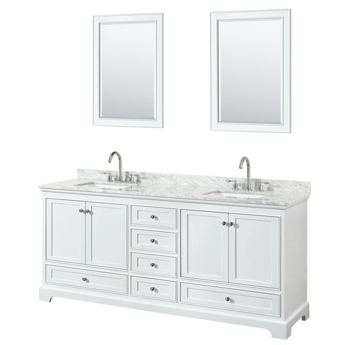 Wyndham Deborah 80 Inch Double Bathroom Vanity in White, White Carrara Marble Countertop, Undermount Square Sinks, and 24 Inch Mirrors- Wyndham