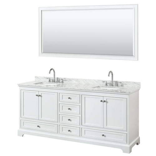 Wyndham Deborah 80 Inch Double Bathroom Vanity in White, White Carrara Marble Countertop, Undermount Square Sinks, and 70 Inch Mirror- Wyndham