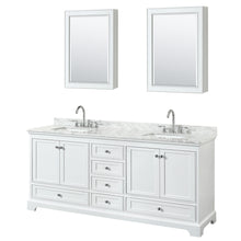 Load image into Gallery viewer, Wyndham Deborah 80 Inch Double Bathroom Vanity in White, White Carrara Marble Countertop, Undermount Square Sinks, and Medicine Cabinets- Wyndham