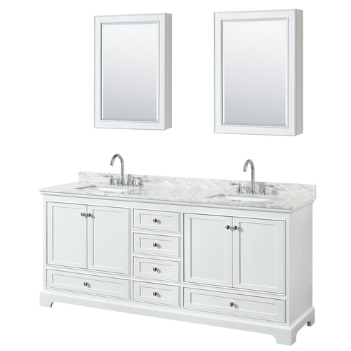 Wyndham Deborah 80 Inch Double Bathroom Vanity in White, White Carrara Marble Countertop, Undermount Square Sinks, and Medicine Cabinets- Wyndham