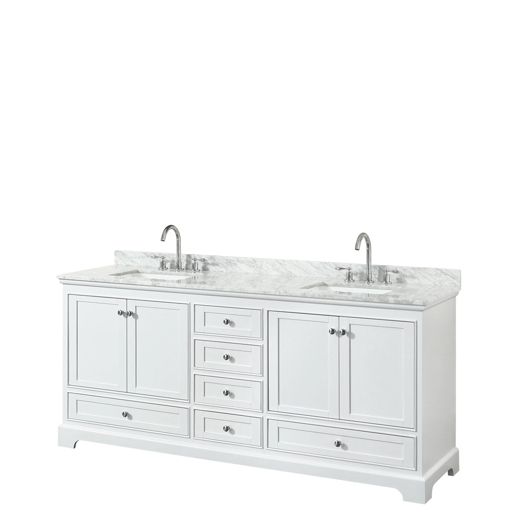 Wyndham Deborah 80 Inch Double Bathroom Vanity in White, White Carrara Marble Countertop, Undermount Square Sinks, and No Mirror- Wyndham