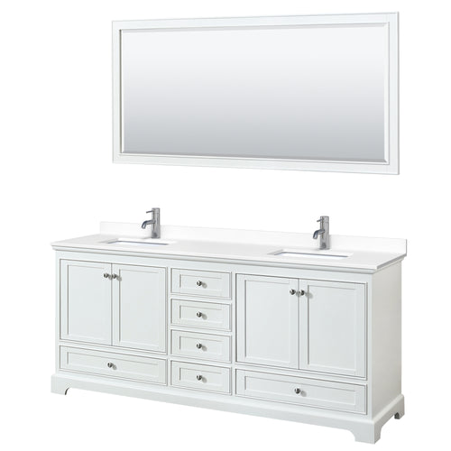 Wyndham Deborah 80 Inch Double Bathroom Vanity in White, White Cultured Marble Countertop, Undermount Square Sinks, 70 Inch Mirror- Wyndham