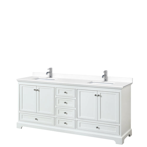 Wyndham Deborah 80 Inch Double Bathroom Vanity in White, White Cultured Marble Countertop, Undermount Square Sinks, No Mirrors- Wyndham
