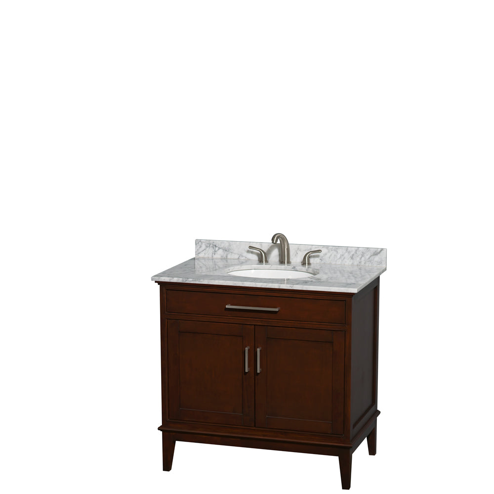 Wyndham Hatton 36 Inch Single Bathroom Vanity in Dark Chestnut, White Carrara Marble Countertop, Undermount Oval Sink, and No Mirror- Wyndham
