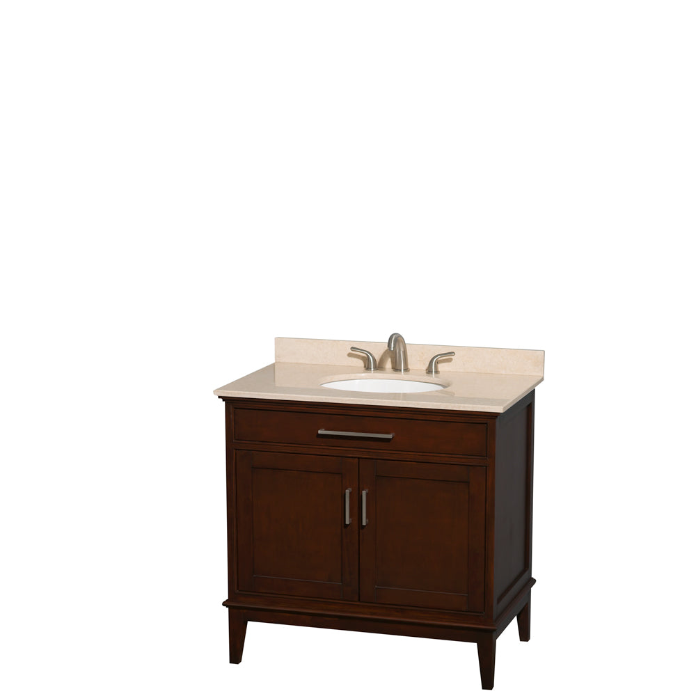 Wyndham Hatton 36 Inch Single Bathroom Vanity in Dark Chestnut, Ivory Marble Countertop, Undermount Oval Sink, and No Mirror- Wyndham