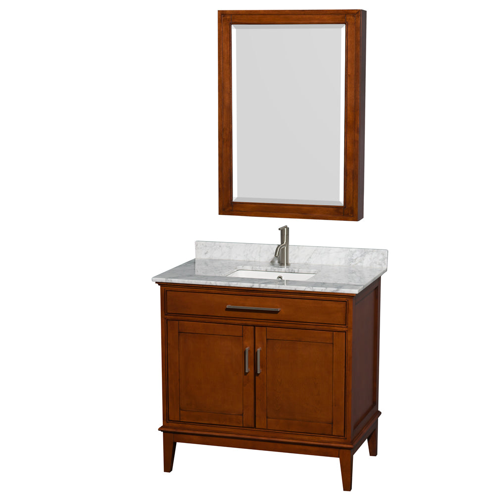 Wyndham Hatton 36 Inch Single Bathroom Vanity in Light Chestnut, White Carrara Marble Countertop, Undermount Square Sink, and Medicine Cabinet- Wyndham