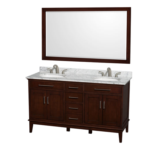 Wyndham Hatton 60 Inch Double Bathroom Vanity in Dark Chestnut, White Carrara Marble Countertop, Undermount Oval Sinks, and 56 Inch Mirror- Wyndham