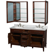 Load image into Gallery viewer, Wyndham Hatton 60 Inch Double Bathroom Vanity in Dark Chestnut, White Carrara Marble Countertop, Undermount Round Sinks, 24 Inch Medicine Cabinets- Wyndham