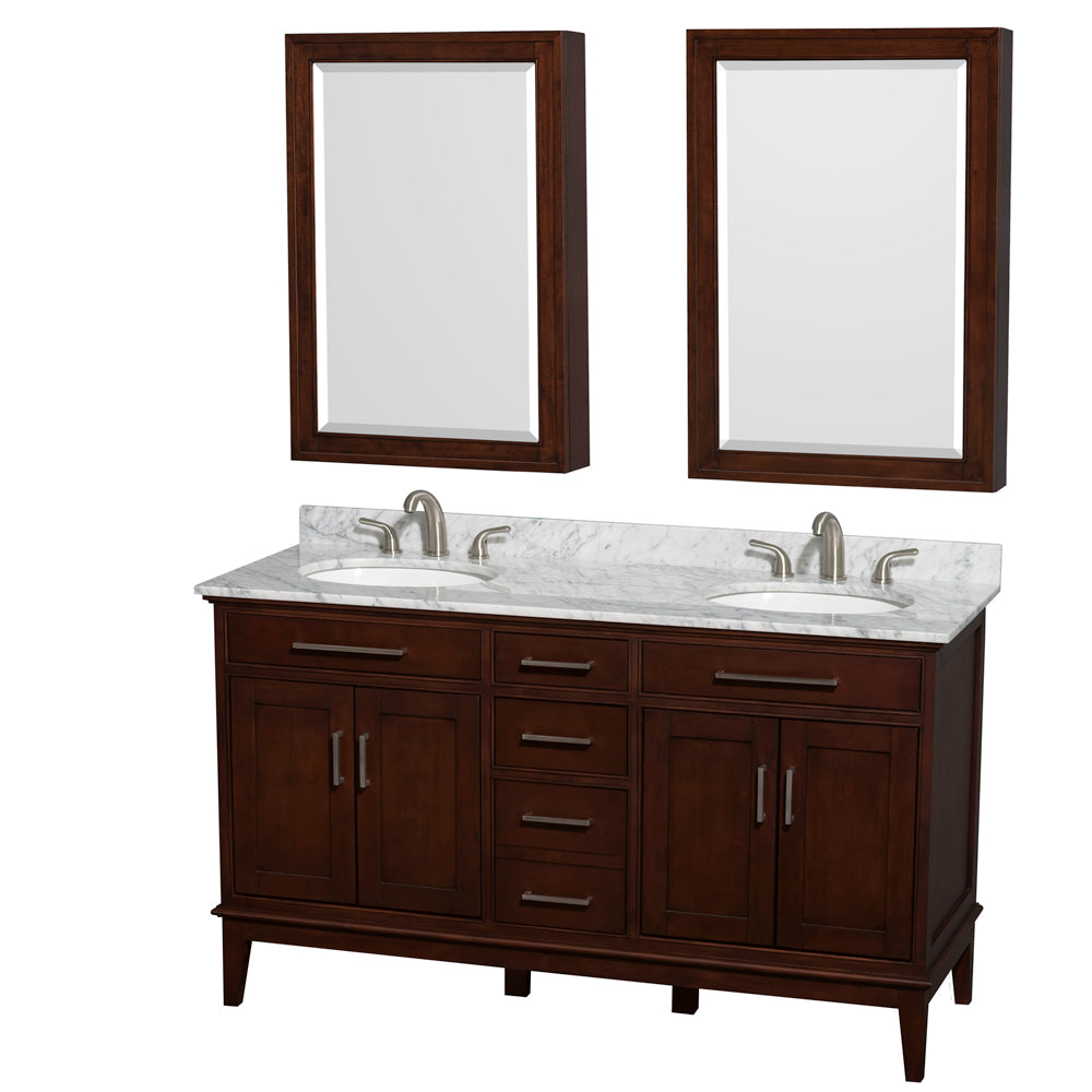 Wyndham Hatton 60 Inch Double Bathroom Vanity in Dark Chestnut, White Carrara Marble Countertop, Undermount Round Sinks, 24 Inch Medicine Cabinets- Wyndham