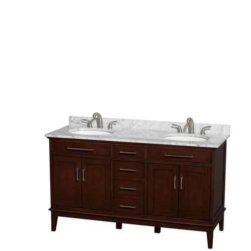 Wyndham Hatton 60 Inch Double Bathroom Vanity in Dark Chestnut, White Carrara Marble Countertop, Undermount Oval Sinks, and No Mirror- Wyndham