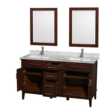 Load image into Gallery viewer, Wyndham Hatton 60 Inch Double Bathroom Vanity in Dark Chestnut, White Carrara Marble Countertop, Undermount Square Sinks, and 24 Inch Mirrors- Wyndham