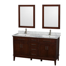Load image into Gallery viewer, Wyndham Hatton 60 Inch Double Bathroom Vanity in Dark Chestnut, White Carrara Marble Countertop, Undermount Square Sinks, and 24 Inch Mirrors- Wyndham