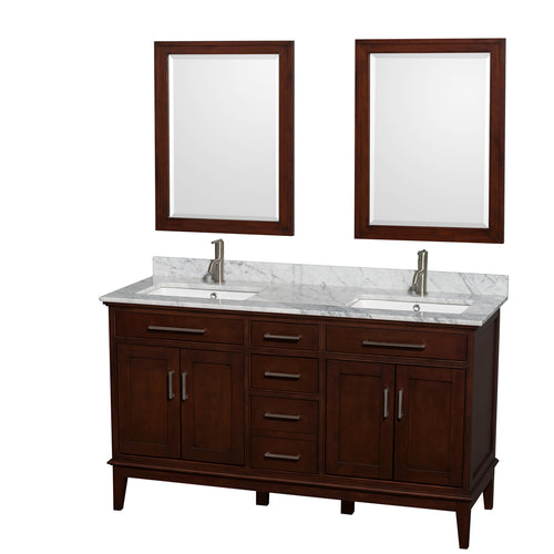 Wyndham Hatton 60 Inch Double Bathroom Vanity in Dark Chestnut, White Carrara Marble Countertop, Undermount Square Sinks, and 24 Inch Mirrors- Wyndham
