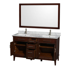 Load image into Gallery viewer, Wyndham Hatton 60 Inch Double Bathroom Vanity in Dark Chestnut, White Carrara Marble Countertop, Undermount Square Sinks, and 56 Inch Mirror- Wyndham