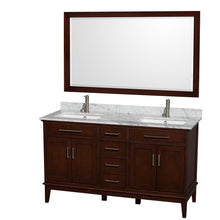 Load image into Gallery viewer, Wyndham Hatton 60 Inch Double Bathroom Vanity in Dark Chestnut, White Carrara Marble Countertop, Undermount Square Sinks, and 56 Inch Mirror- Wyndham