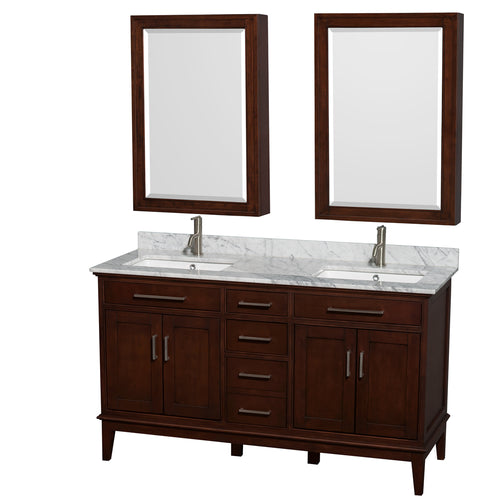 Wyndham Hatton 60 Inch Double Bathroom Vanity in Dark Chestnut, White Carrara Marble Countertop, Undermount Square Sinks, 24 Inch Medicine Cabinets- Wyndham