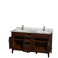 Load image into Gallery viewer, Wyndham Hatton 60 Inch Double Bathroom Vanity in Dark Chestnut, White Carrara Marble Countertop, Undermount Square Sinks, and No Mirror- Wyndham