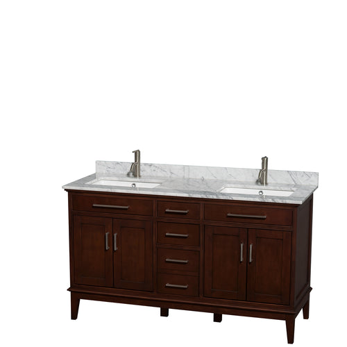 Wyndham Hatton 60 Inch Double Bathroom Vanity in Dark Chestnut, White Carrara Marble Countertop, Undermount Square Sinks, and No Mirror- Wyndham