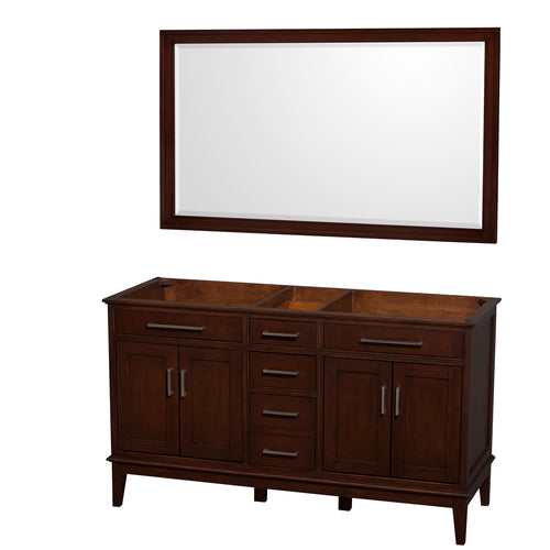 Wyndham Hatton 60 Inch Double Bathroom Vanity in Dark Chestnut, No Countertop, No Sinks, and 56 Inch Mirror- Wyndham