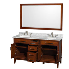 Load image into Gallery viewer, Wyndham Hatton 60 Inch Double Bathroom Vanity in Light Chestnut, White Carrara Marble Countertop, Undermount Oval Sinks, and 56 Inch Mirror- Wyndham
