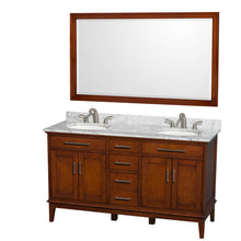 Load image into Gallery viewer, Wyndham Hatton 60 Inch Double Bathroom Vanity in Light Chestnut, White Carrara Marble Countertop, Undermount Oval Sinks, and 56 Inch Mirror- Wyndham