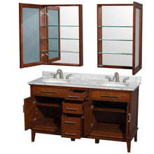 Load image into Gallery viewer, Wyndham Hatton 60 Inch Double Bathroom Vanity in Light Chestnut, White Carrara Marble Countertop, Undermount Round Sinks, 24 Inch Medicine Cabinets- Wyndham