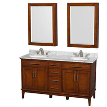 Load image into Gallery viewer, Wyndham Hatton 60 Inch Double Bathroom Vanity in Light Chestnut, White Carrara Marble Countertop, Undermount Round Sinks, 24 Inch Medicine Cabinets- Wyndham