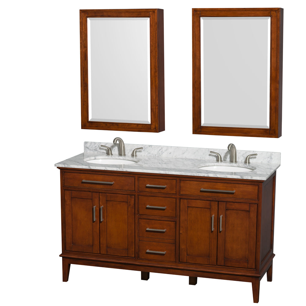 Wyndham Hatton 60 Inch Double Bathroom Vanity in Light Chestnut, White Carrara Marble Countertop, Undermount Round Sinks, 24 Inch Medicine Cabinets- Wyndham